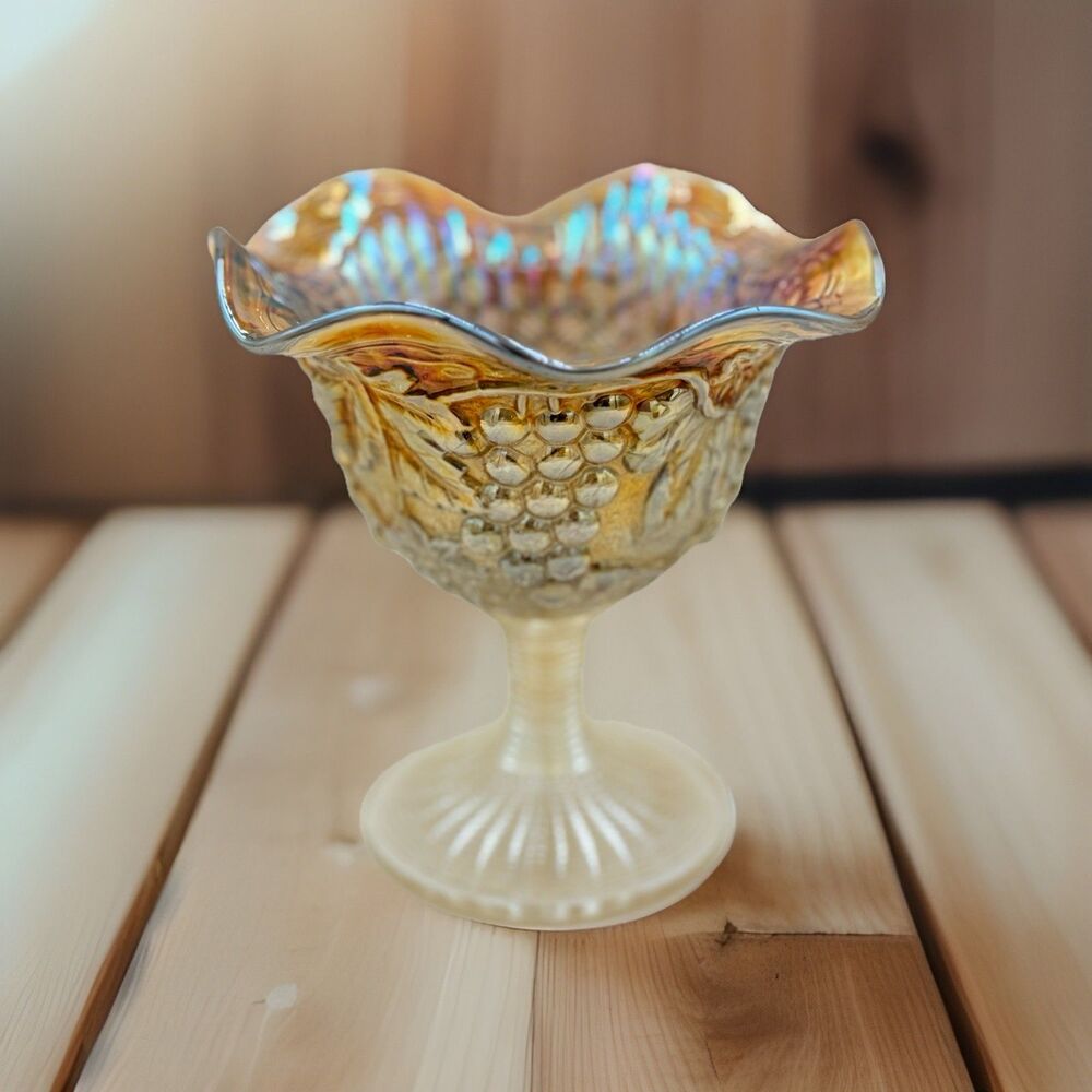 Vintage Carnival Glass Compote, Harvest Grape Pattern Ruffled Pedestal Dish